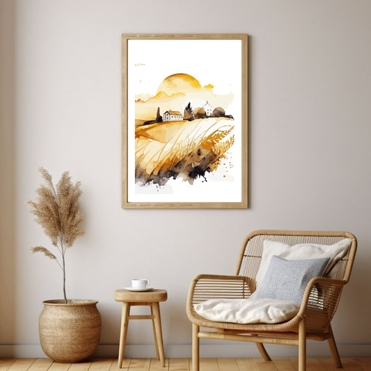 White Fields er en serie med grafisk akvarell. Motivet er åkerlandskap i duse orange, beige og svarte nyanser. Plakaten har en hvit kant som gir dybde og fremhever motivet. Illustrasjonen viser motivet på enn vegg i eikeramme.