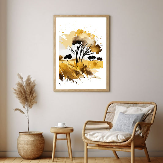 White Fields er en serie med grafisk akvarell. Motivet er åkerlandskap i duse orange, beige og svarte nyanser. Plakaten har en hvit kant som gir dybde og fremhever motivet. Illustrasjonen viser motivet på enn vegg i eikeramme.