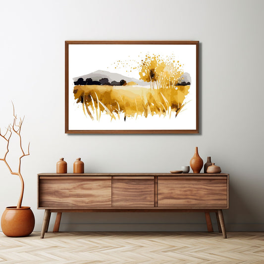 White Fields er en serie med grafisk akvarell. Motivet er åkerlandskap i duse orange, beige og svarte nyanser. Plakaten har en hvit kant som gir dybde og fremhever motivet. Illustrasjonen viser motivet i eikeramme som henger over en sjenk.