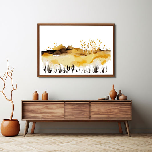 White Fields er en serie med grafisk akvarell. Motivet er åkerlandskap i duse orange, beige og svarte nyanser. Plakaten har en hvit kant som gir dybde og fremhever motivet. Illustrasjonen viser motivet i eikeramme som henger over en sjenk.