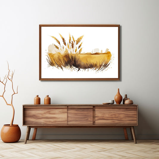 White Fields er en serie med grafisk akvarell. Motivet er åkerlandskap i duse orange, beige og svarte nyanser. Plakaten har en hvit kant som gir dybde og fremhever motivet. Illustrasjonen viser motivet i eikeramme som henger over en sjenk.