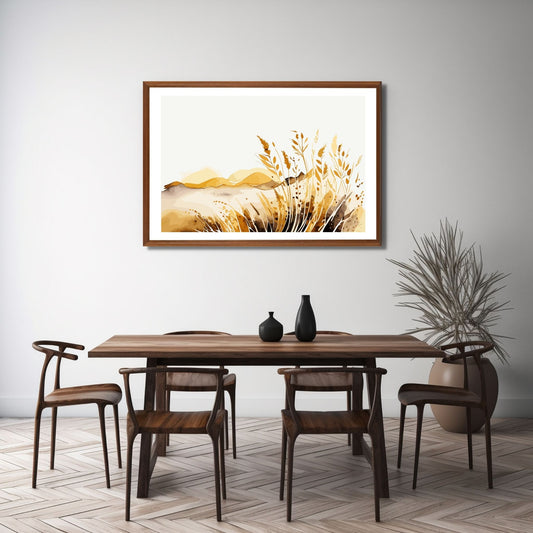 White Fields er en serie med grafisk akvarell. Motivet er åkerlandskap i duse orange, beige og svarte nyanser. Plakaten har en hvit kant som gir dybde og fremhever motivet. Illustrasjonen viser motivet i eikeramme som henger over et spisebord.