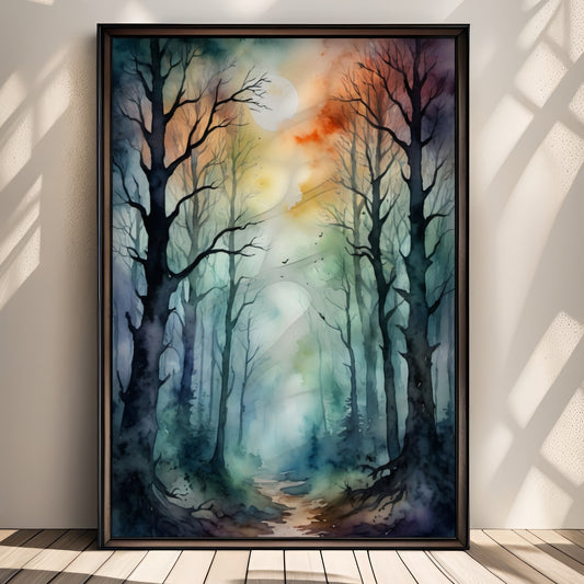 “Whispering Woods” fanger mystikken i en tåkekledd skog badet i blå og oransje toner. Illustrasjon viser plakat uten hvit kant i sort ramme.
