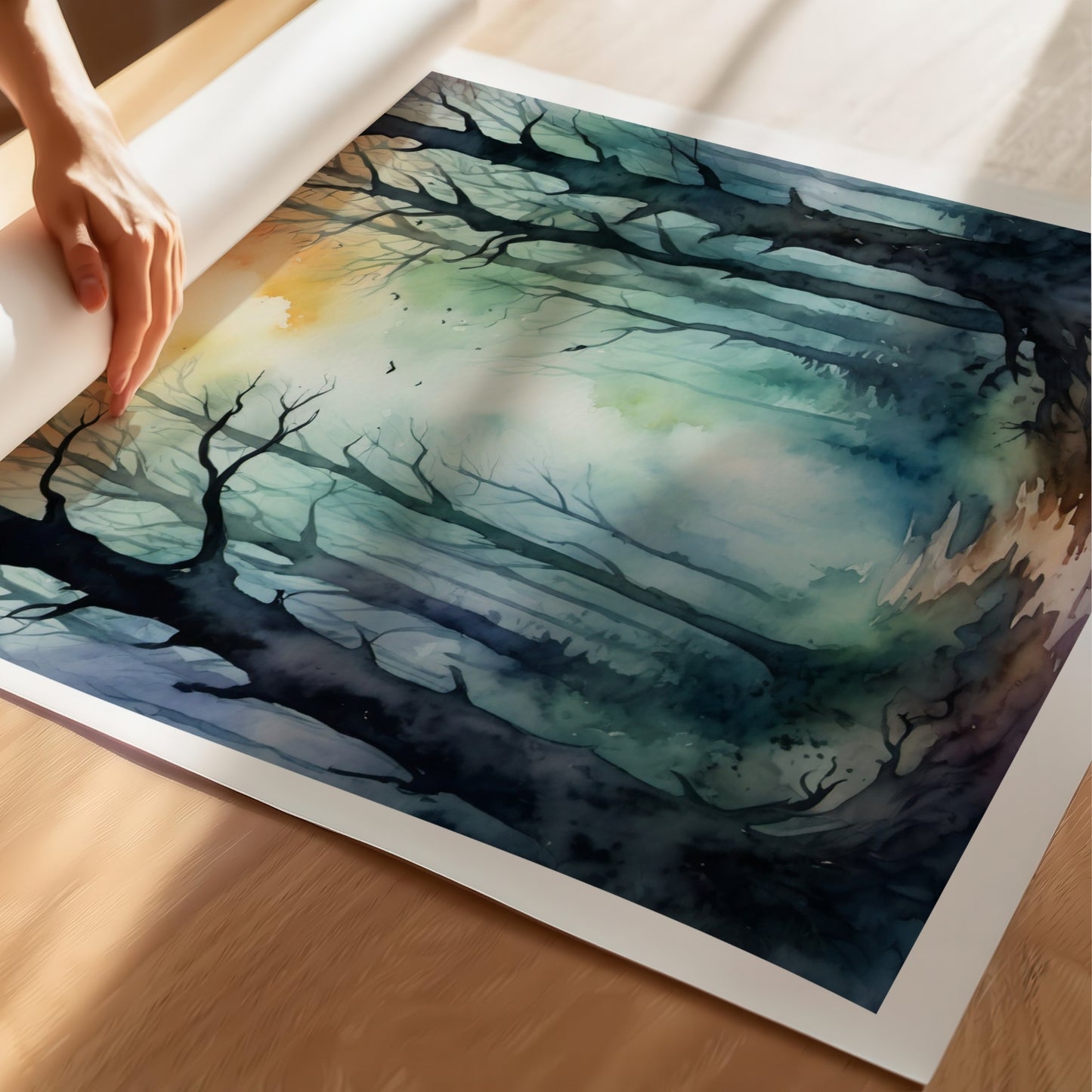 “Whispering Woods” fanger mystikken i en tåkekledd skog badet i blå og oransje toner. Illustrasjon viser plakat på print.