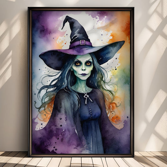 “Wicked Witch” er en stemningsfull Halloween-plakat i akvarellstil, med en mørk og elegant heks omgitt av lilla og oransje toner. Illustrasjon viser plakat uten hvit kant i sort ramme.