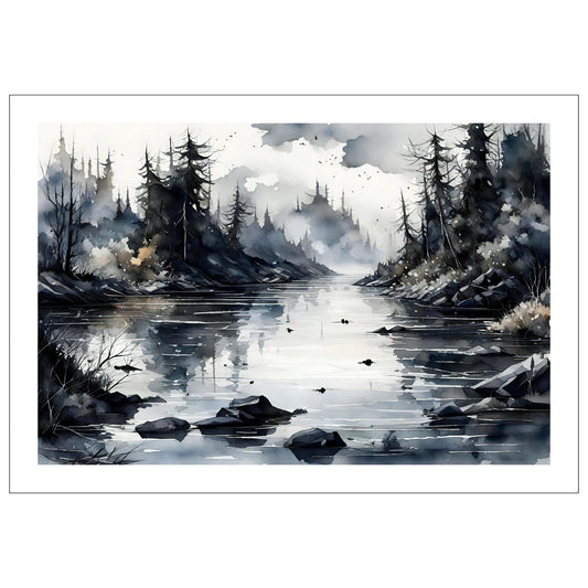 Digitalt kunstmaleri i akvarell som fanger essensen av vinterscenene med et sjarmerende landskap der snøfnugg danser i luften.