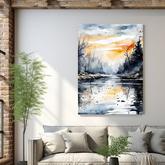 Digitalt kunstmaleri i akvarell som fanger essensen av vinterscenene med et sjarmerende landskap der snøfnugg danser i luften, og en himmel badet i kvelsdssol. Illustrasjonsfoto som viser motivet på lerret som henger over en sofa.