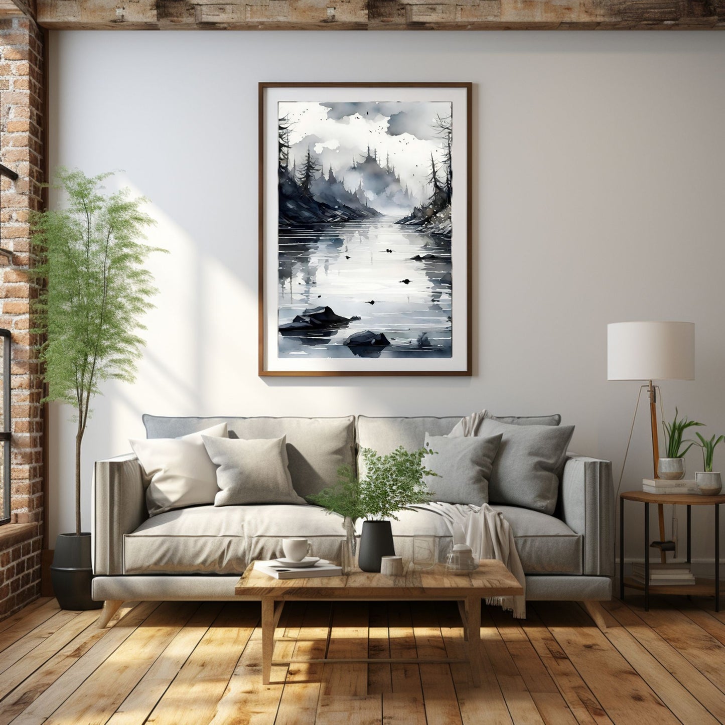 Digitalt kunstmaleri i akvarell som fanger essensen av vinterscenene med et sjarmerende landskap der snøfnugg danser i luften. Illustrasjonsfoto viser motiver som plakkat i ramme som henger over en sofa.