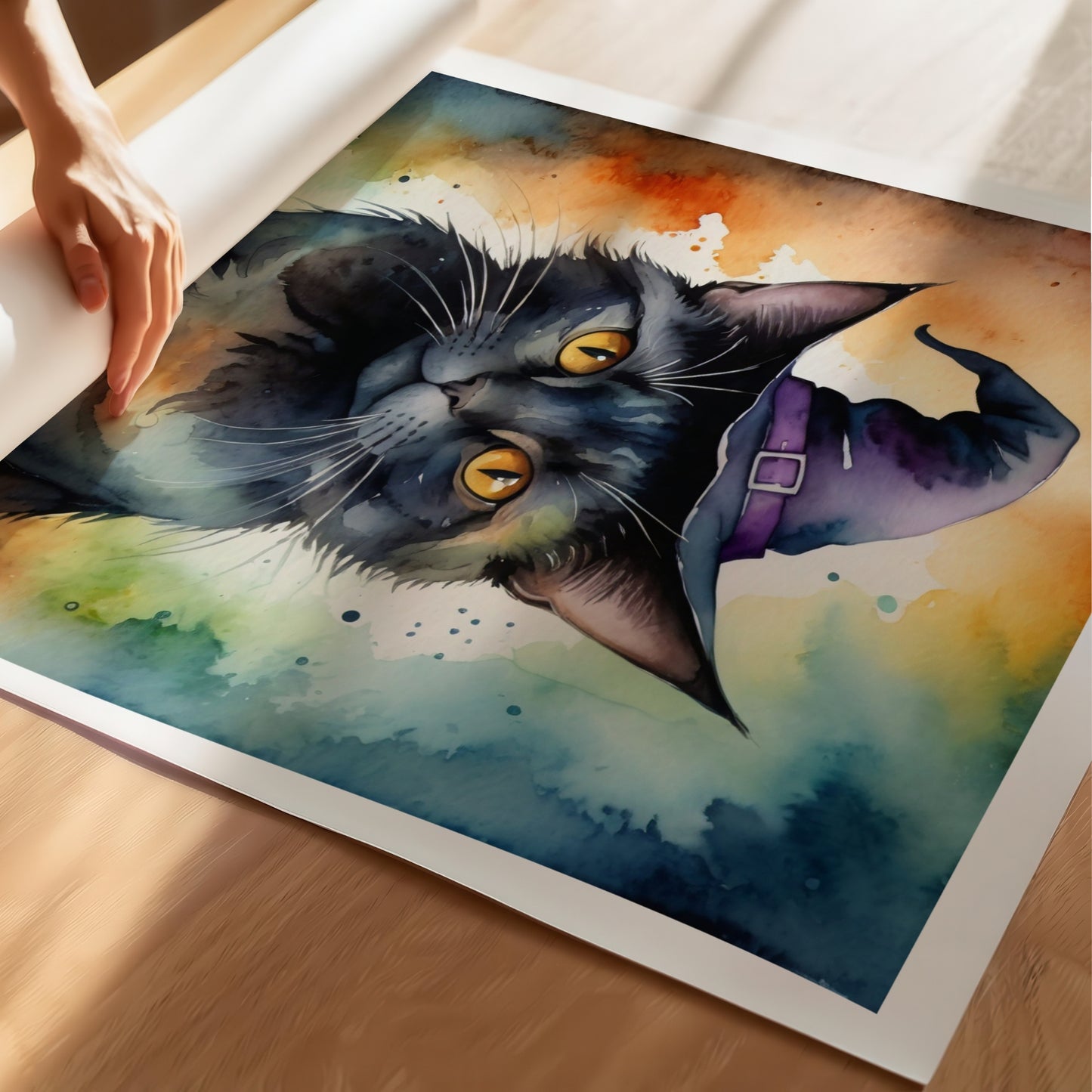 “Witch’s Cat” er et sjarmerende og stemningsfullt motiv av en svart katt med heksehatt. Illustrasjon viser plakat på print.