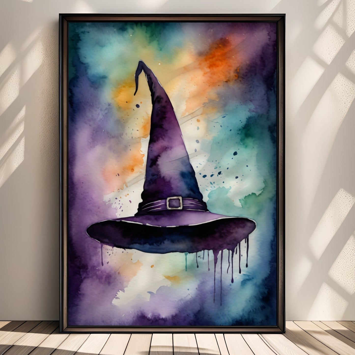 “Witch’s Hat” fanger selve symbolet på heksekunst i et vakkert akvarellmotiv Illustrasjon viser plakat uten hvit kant i sort ramme.