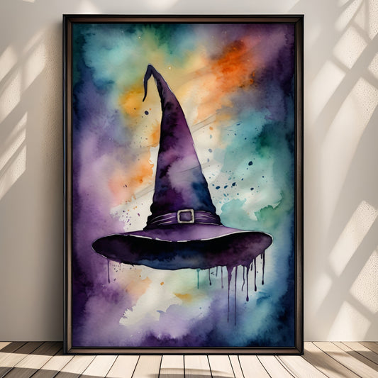 “Witch’s Hat” fanger selve symbolet på heksekunst i et vakkert akvarellmotiv Illustrasjon viser plakat uten hvit kant i sort ramme.
