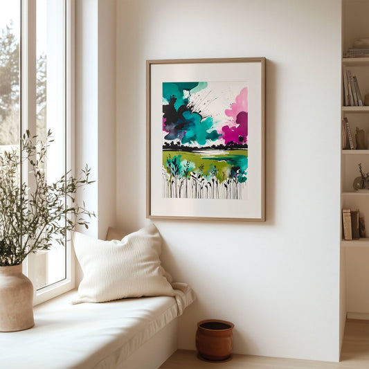 Wild Horizon – abstrakt naturplakat forener det ville og det vakre i ett levende kunstverk. Med kraftfulle blekk-lignende strøk og fargeeksplosjoner i turkis, grønt og rosa. Illustrasjon viser plakat med passepartout i eik ramme.