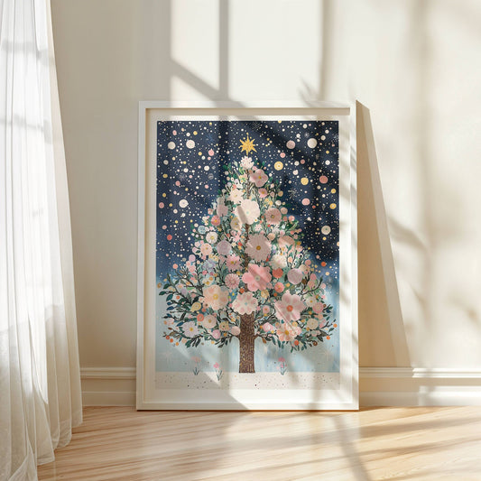Winter Blossom Tree er en fortryllende kunstplakat og lerret som fanger magien av en blomstrende tre i vinterlandskap. Illustrasjon viser motivet som plakat med hvit kantlinje i ramme.