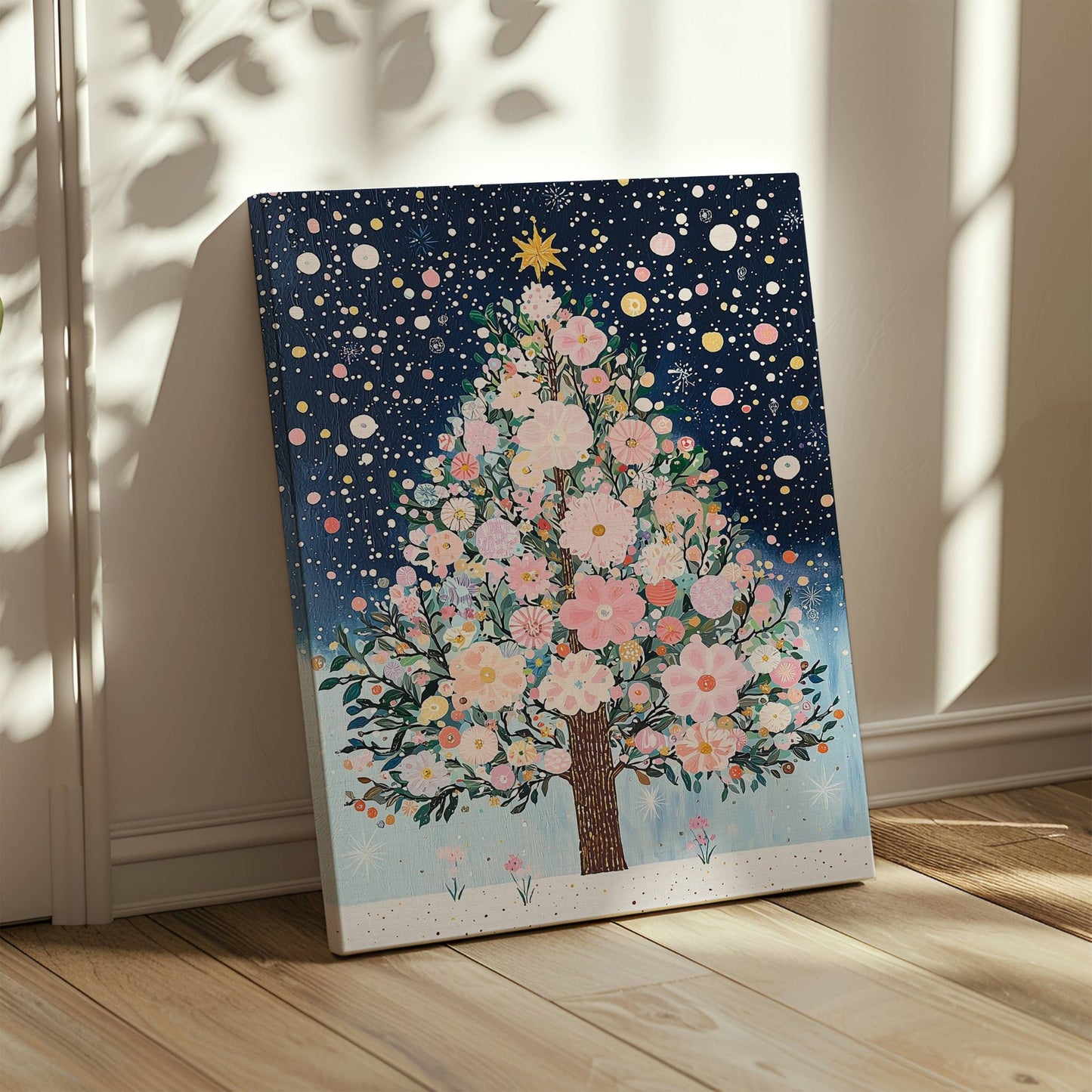 Winter Blossom Tree er en fortryllende kunstplakat og lerret som fanger magien av en blomstrende tre i vinterlandskap. Illustrasjon viser motivet på lerret.