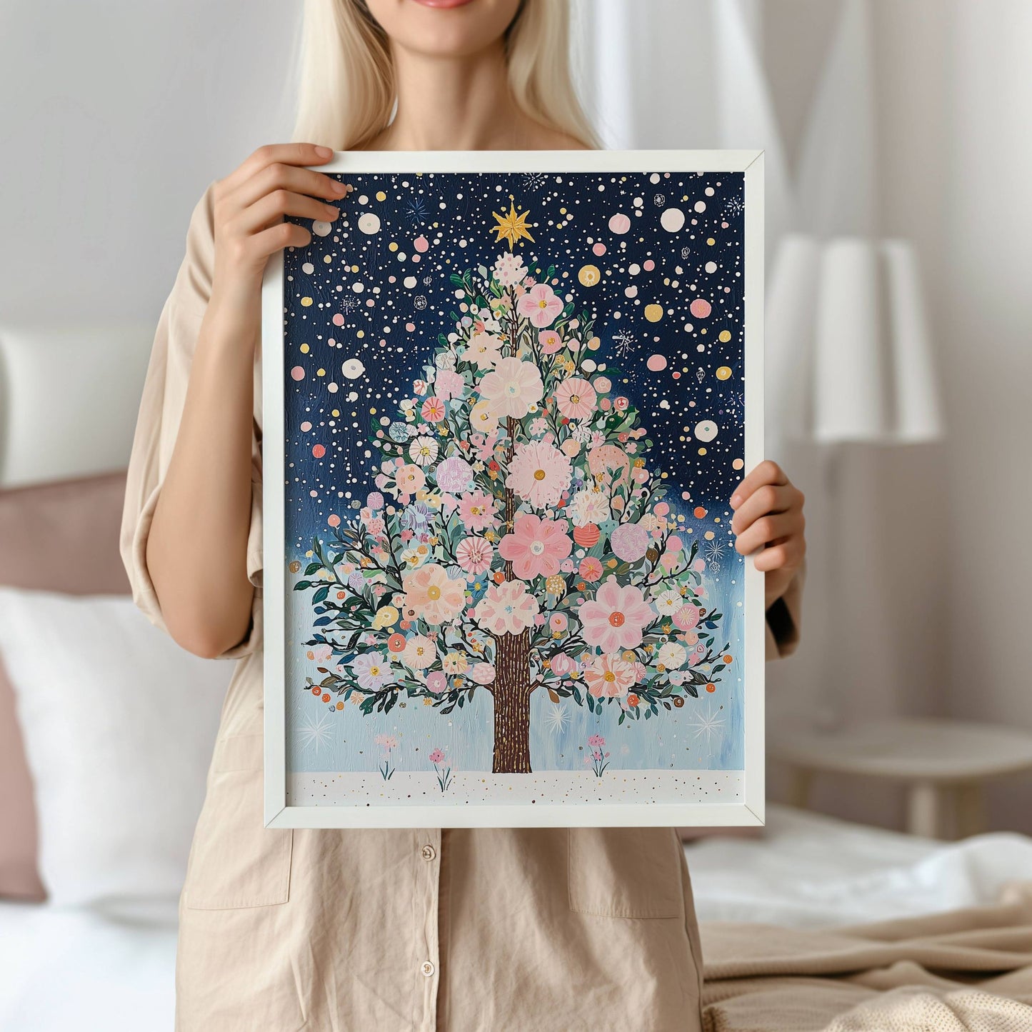 Winter Blossom Tree er en fortryllende kunstplakat og lerret som fanger magien av en blomstrende tre i vinterlandskap. Illustrasjon viser motivet som plakat uten hvit kantlinje i ramme.