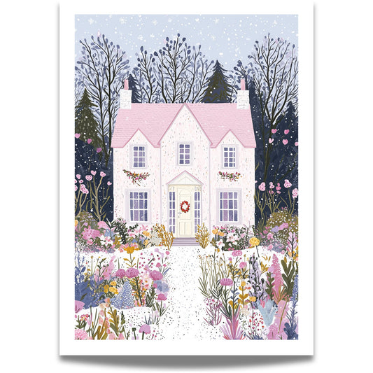 Winter Cottage Garden er en varm og innbydende kunstplakat og lerret som viser et idyllisk hus omgitt av et fargerikt vinterlandskap.