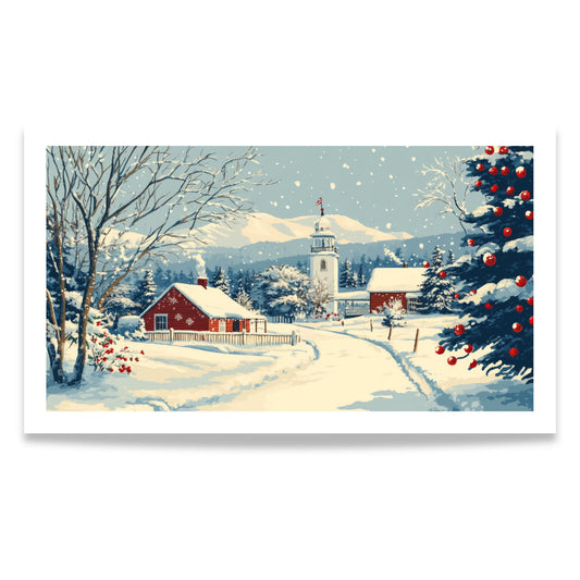 Et harmonisk vintermotiv der en snødekt sti leder frem til et lite rødt hus omgitt av trær og glitrende snø.