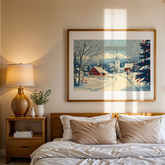 Et harmonisk vintermotiv der en snødekt sti leder frem til et lite rødt hus omgitt av trær og glitrende snø. Illustrasjon viser motivet som plakat med passepartout i eik ramme.