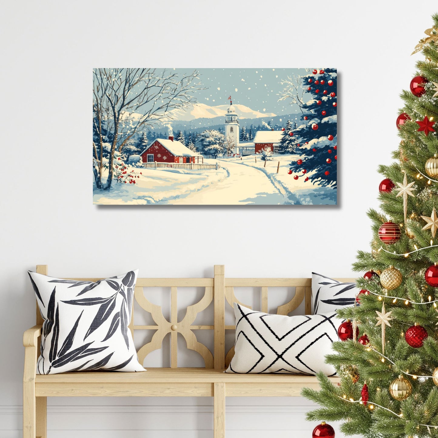 Et harmonisk vintermotiv der en snødekt sti leder frem til et lite rødt hus omgitt av trær og glitrende snø. Illustrasjon viser motivet på lerret.
