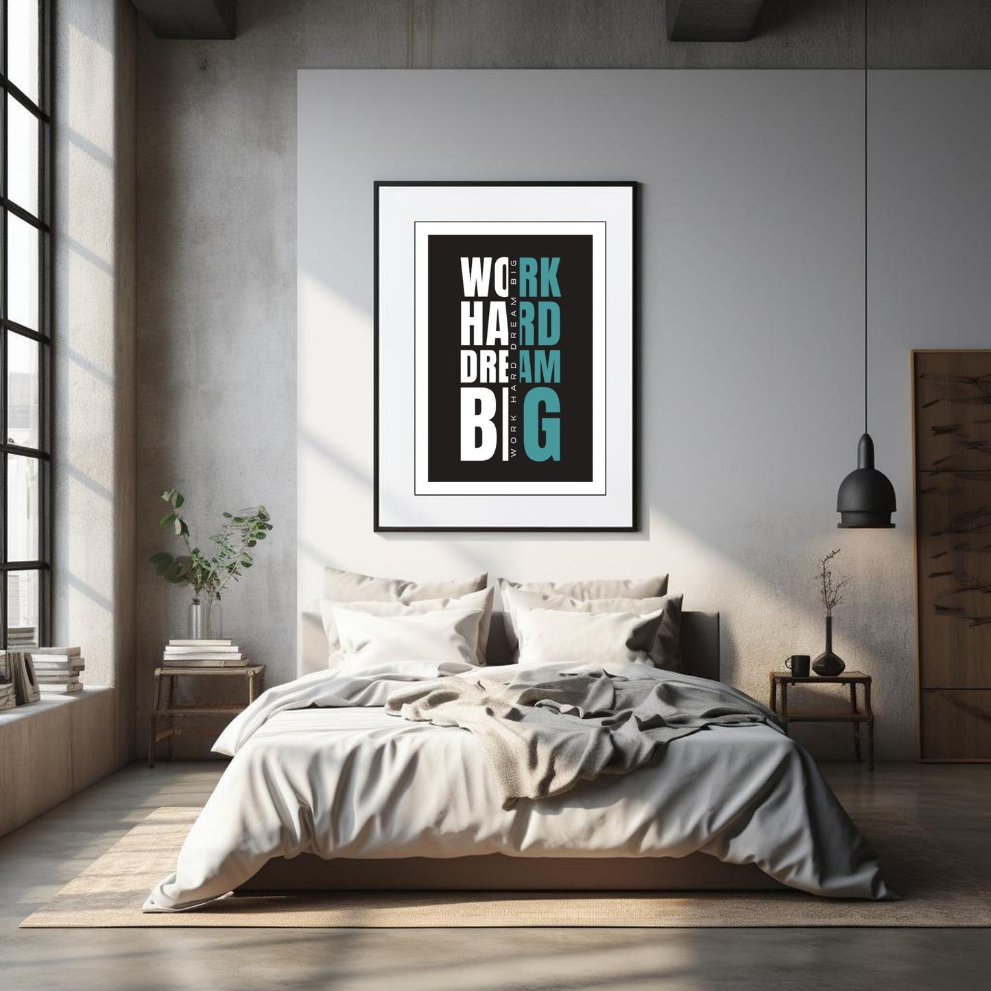 "Work hard dream big" - tekstplakat med hvit og grønn tekst, og sort bakgrunn. Illustrasjon viser plakat i sort ramme og hvit passepartout på en vegg over en seng.