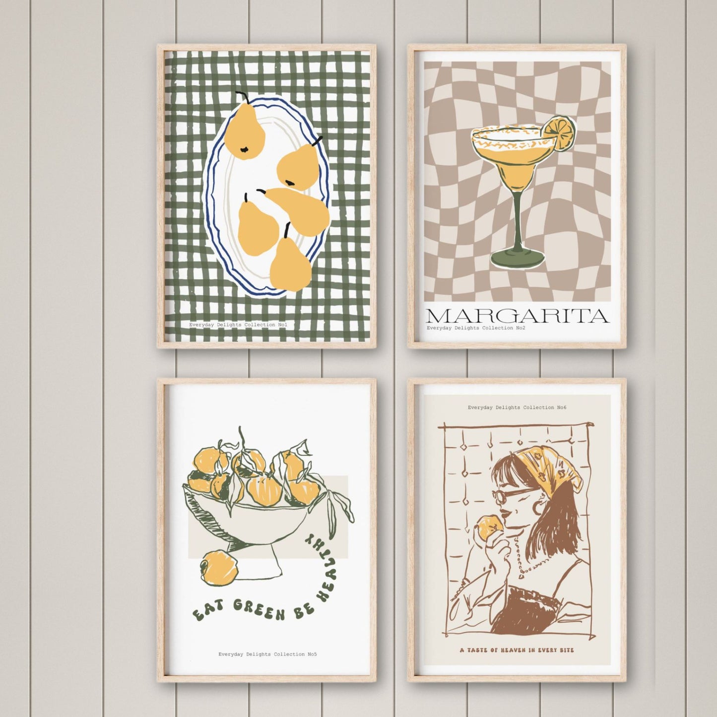 Et friskt og sjarmerende galleri med sitroner, mandariner, iskrem og kaker i retro stil. Her får du følelsen av sommer hele året – perfekt til kjøkkenveggen eller en fargerik kafékrok.