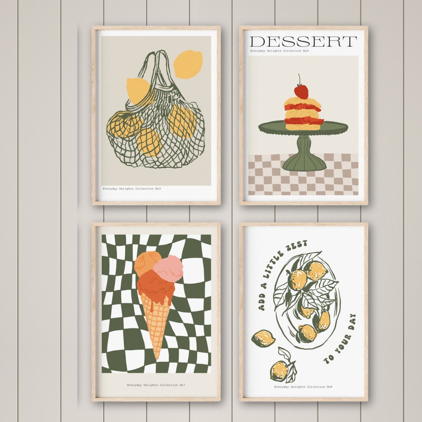 Et friskt og sjarmerende galleri med sitroner, mandariner, iskrem og kaker i retro stil. Her får du følelsen av sommer hele året – perfekt til kjøkkenveggen eller en fargerik kafékrok.
