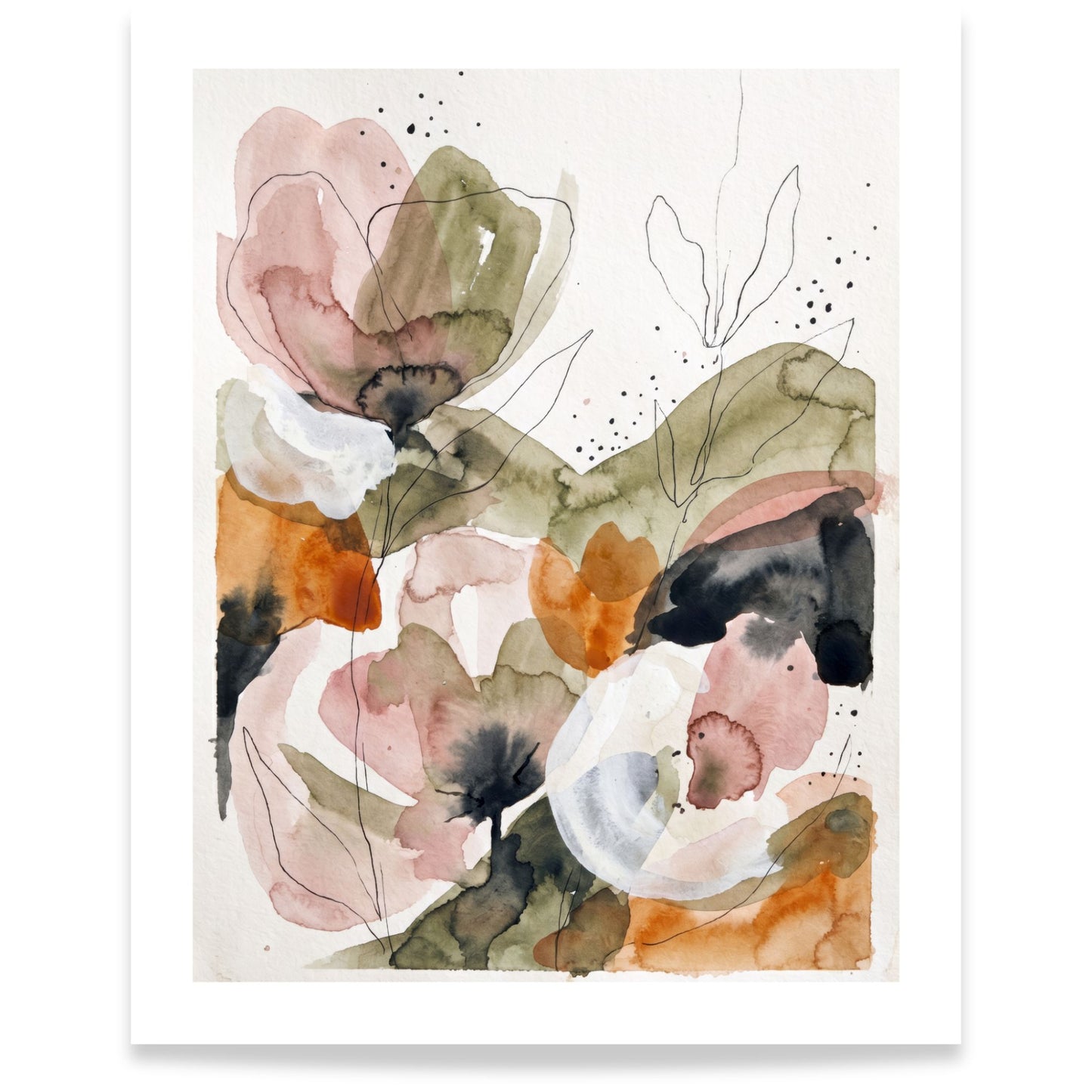 Abstrakt akvarellplakat med blomsterformer i varme jordtoner 40x50
