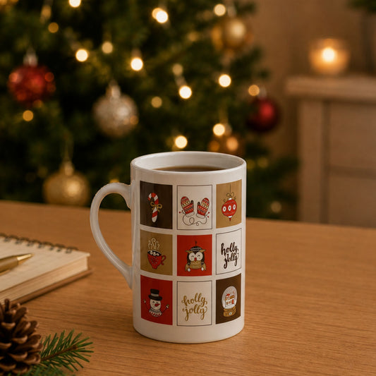 Julekrus med vintermotiver på trebord foran stemningsfullt juletre