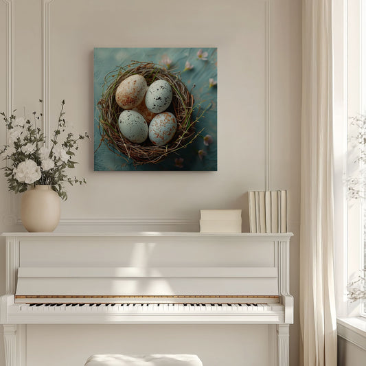 "Lerretsbilde med fuglerede og egg på blå bakgrunn hengende over piano i lyst nordisk interiør"