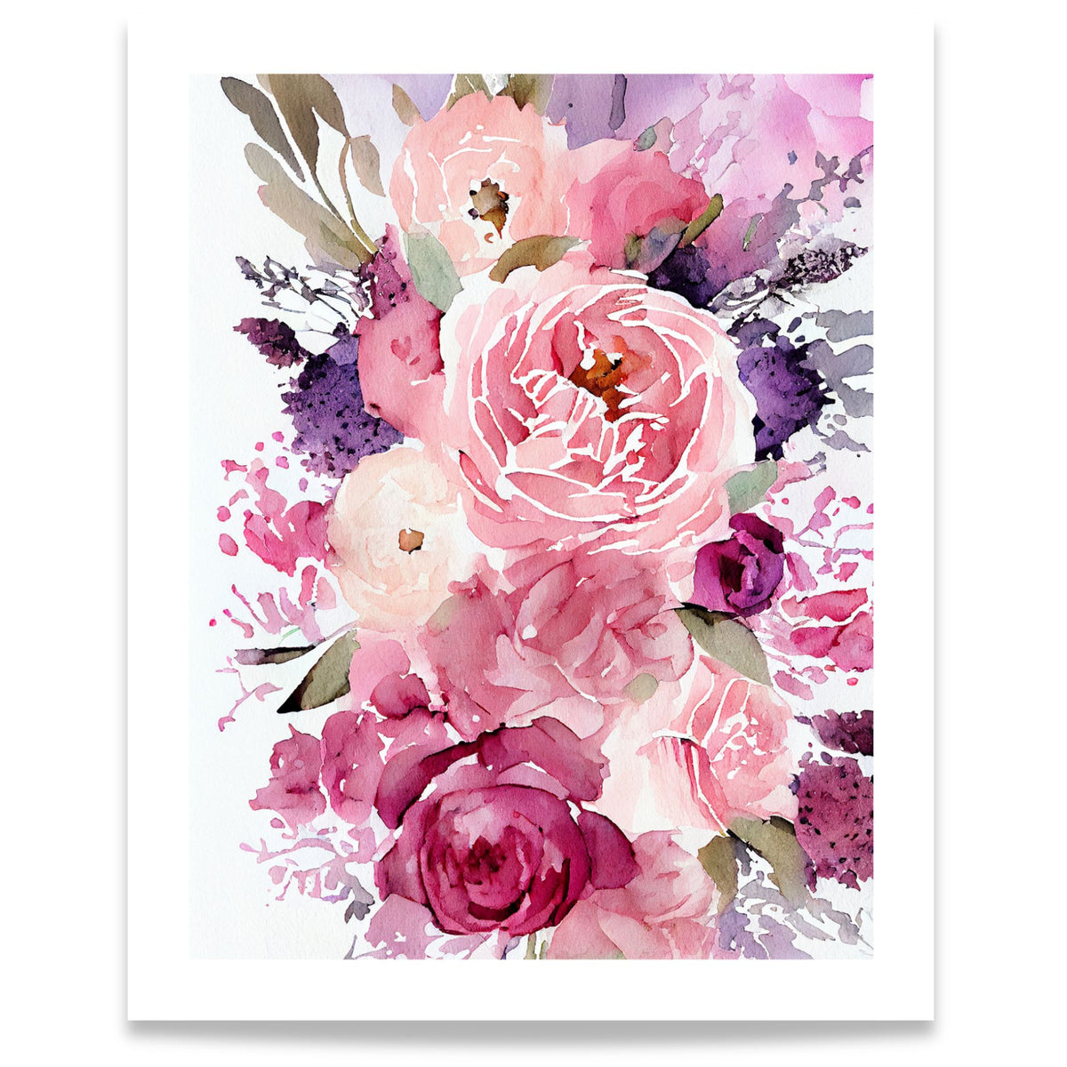 Blush Garden blomsterplakat med rosa og burgunder blomster malt i akvarell. Format 40x50.