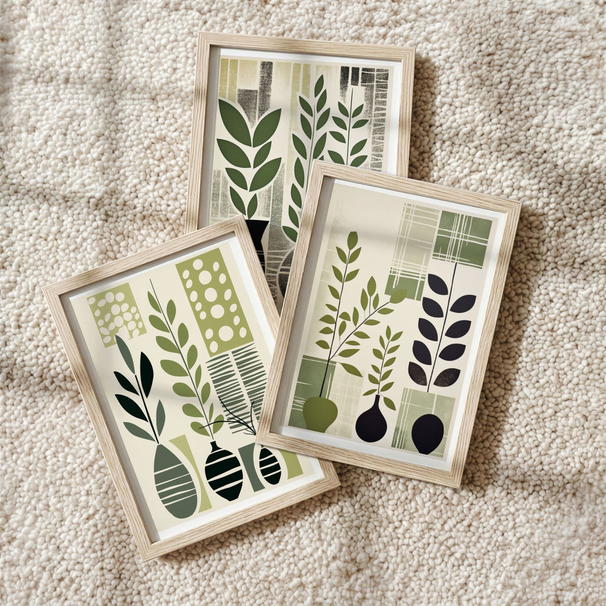 Botanical Composition Trio med tre botaniske grafiske plakater i eikerammer