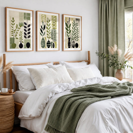 Tre botaniske plakater fra Botanical Composition Collection over seng i lyst soverom