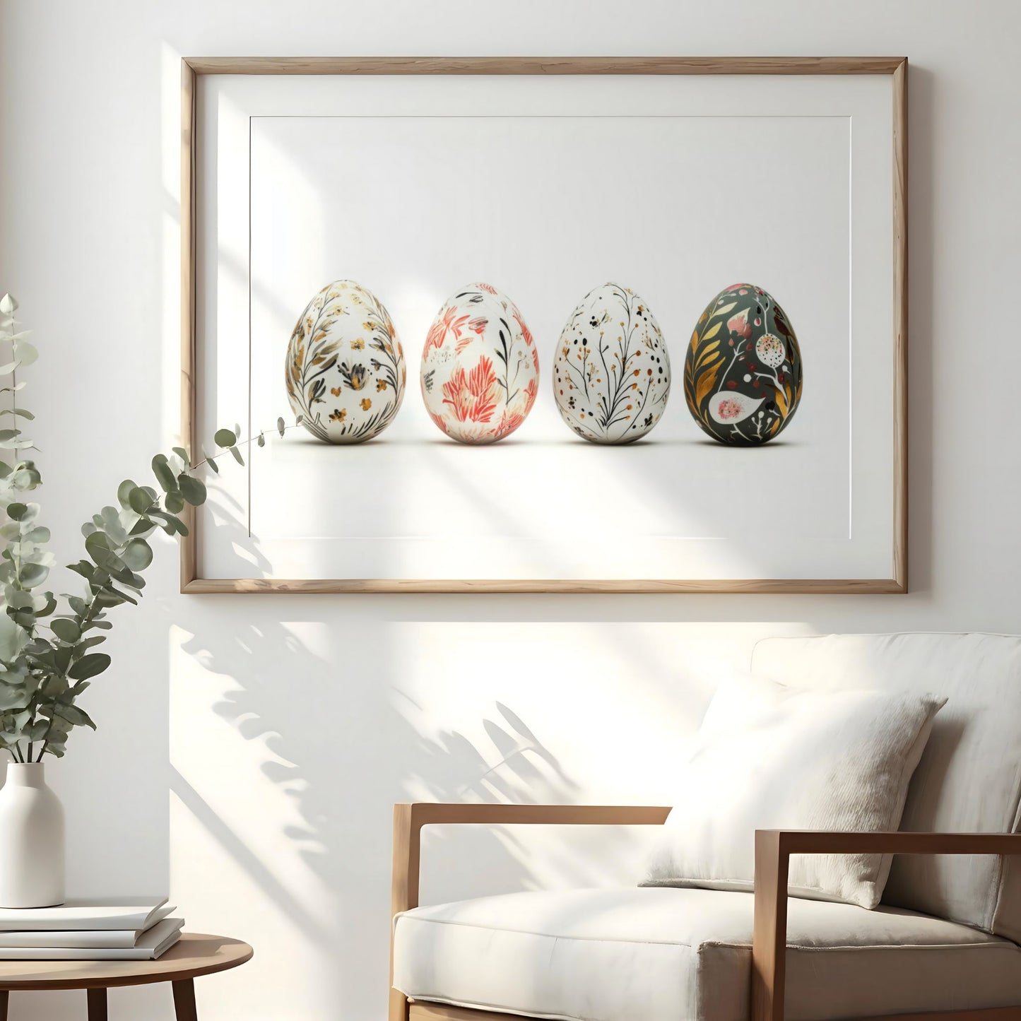 Botanisk påskeplakat med dekorerte påskeegg hengende på vegg i nordisk stue