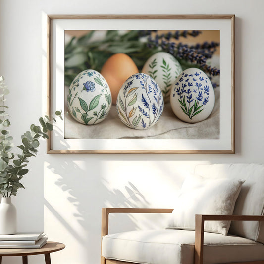Botanisk påskeplakat med dekorerte egg hengende på vegg i lyst interiør