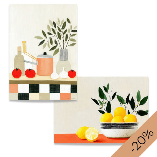 Plakatsett med botaniske stilleben i varme naturfarger – sitroner og kjøkkenmotiv i harmonisk uttrykk