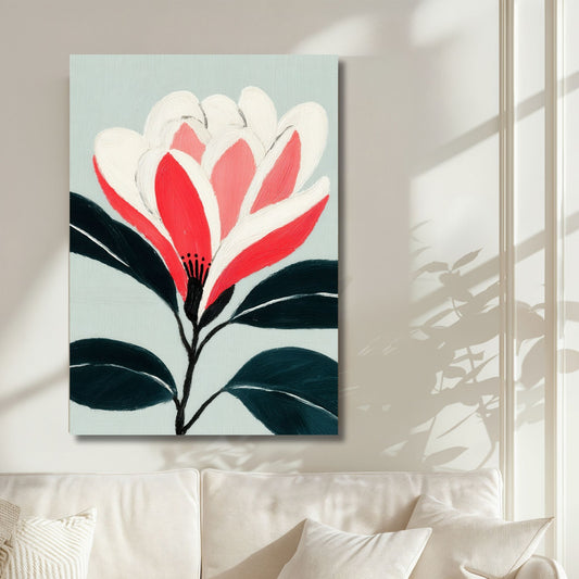 Botanisk kunsttrykk Gentle Flame som lerret over sofa i nordisk stue