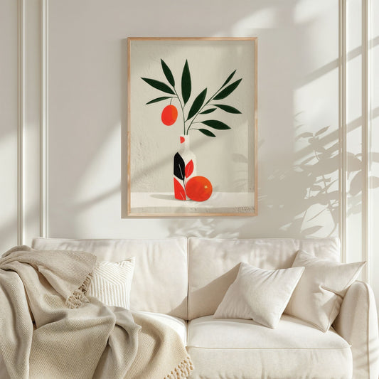 Botanisk kunsttrykk med sitrusgren i lyst, nordisk interiør.