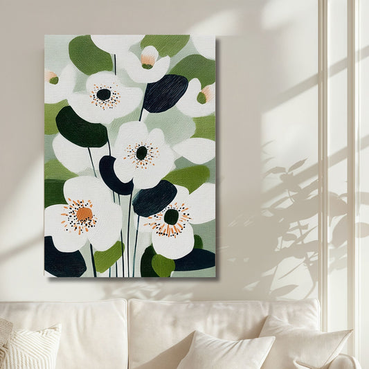 Botanisk kunsttrykk Soft Bloom som lerret i lys nordisk stue