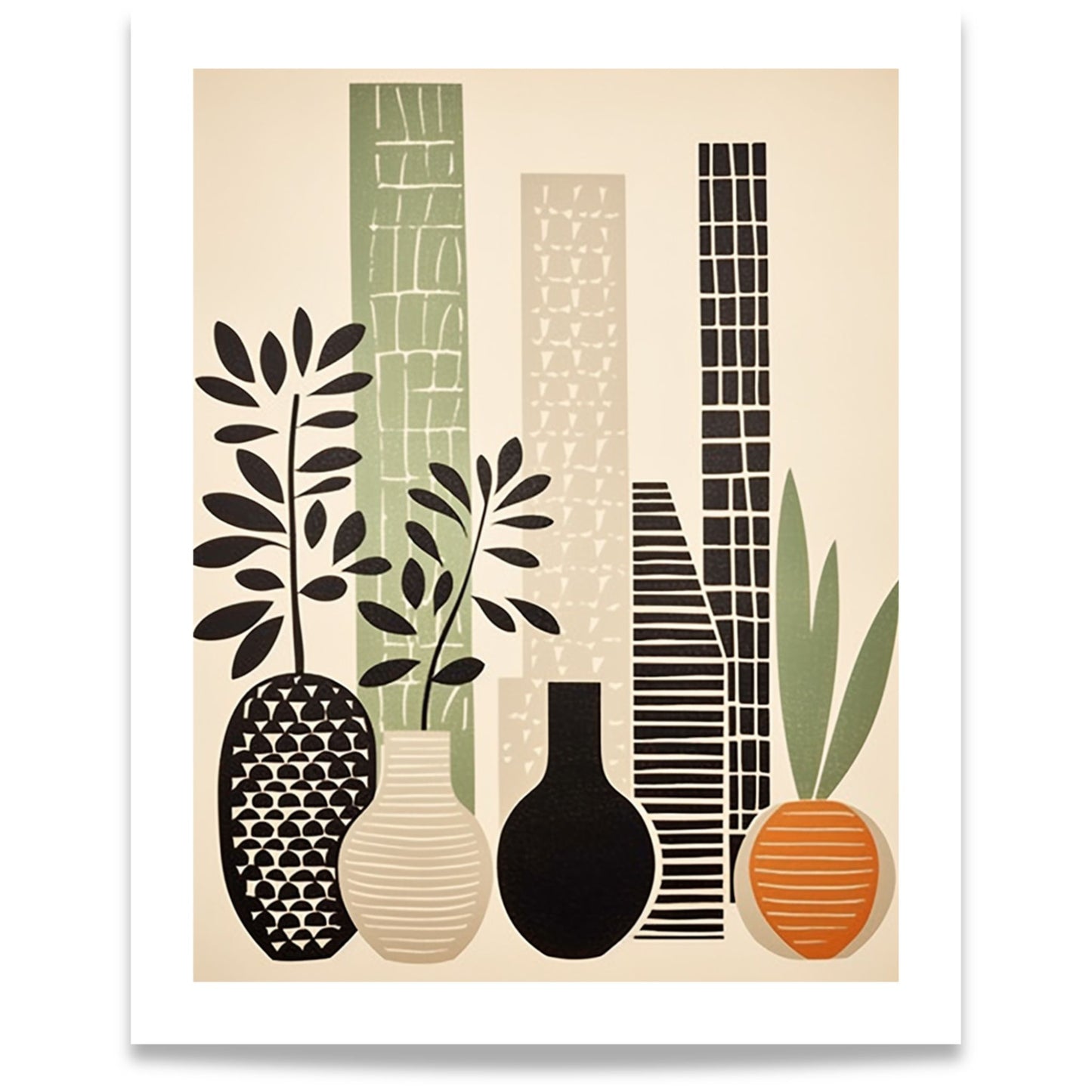 Botanical Still Life – grafisk botanisk plakat med vaser og planteformer i grønt, beige, sort og rustoransje. Format 40x50.