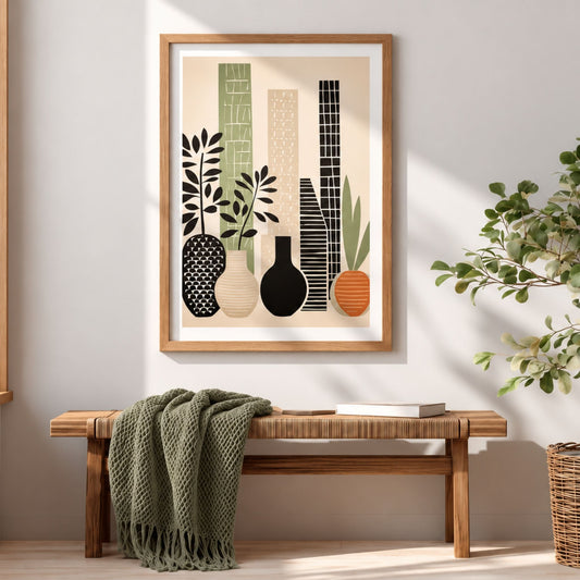 Botanical Still Life botanisk plakat i eikeramme over trebenk med grønt pledd