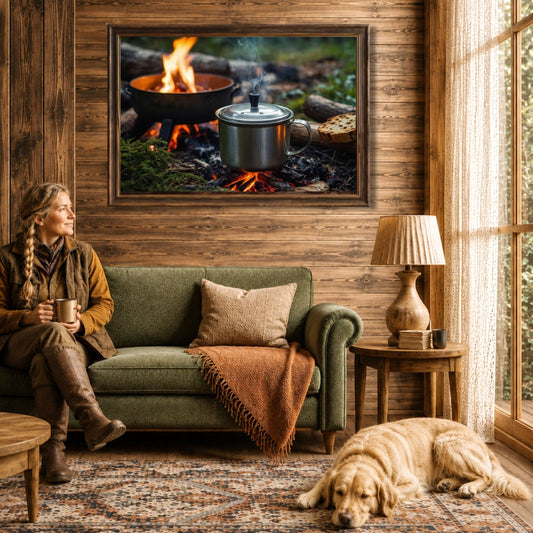 Campfire Moments plakat vist i rustikk stue.