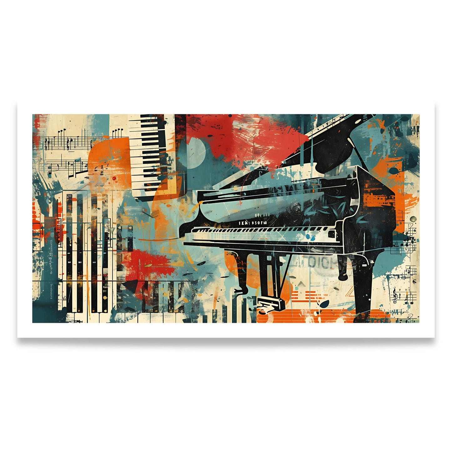 Captivating Collages – Grand Piano grafisk kunstplakat med flygel, pianotangenter og moderne collagekunst. Format 80x140
