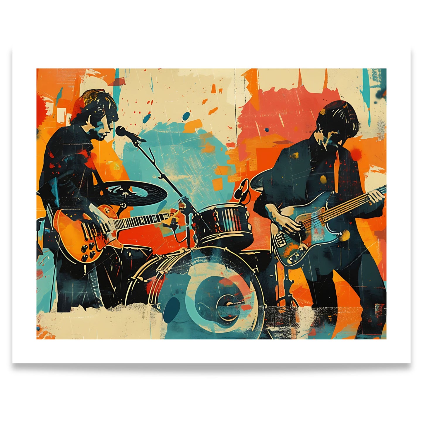 Captivating Collages – Live Session moderne musikkplakat med gitarist, bassist og trommesett i fargerik collagekunst. Format 40x50