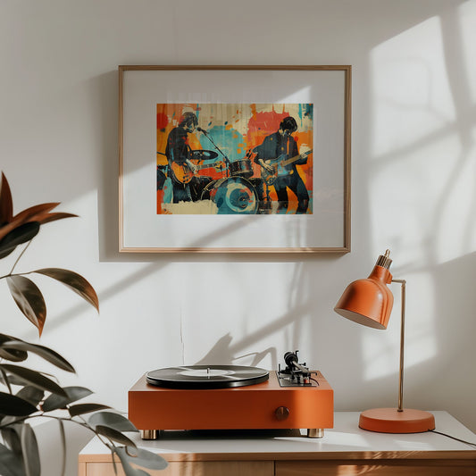 Captivating Collages – Live Session innrammet plakat over platespiller i moderne skandinavisk interiør.