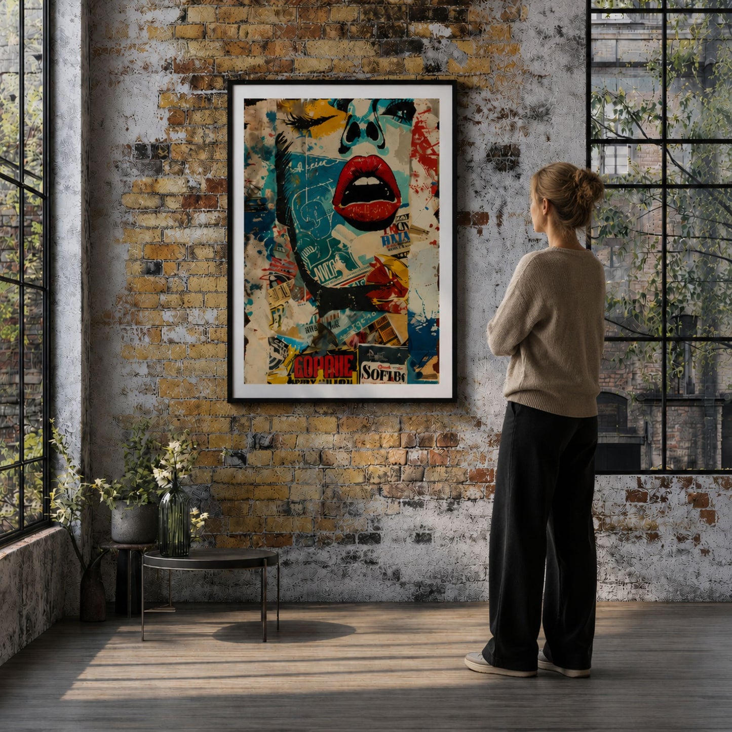 Person betrakter Urban Muse collageplakat i moderne industrimiljø.