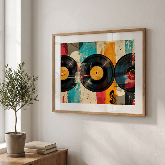 Captivating Collages – Vinyl Stories innrammet plakat på lys vegg i moderne stue med oliventre.