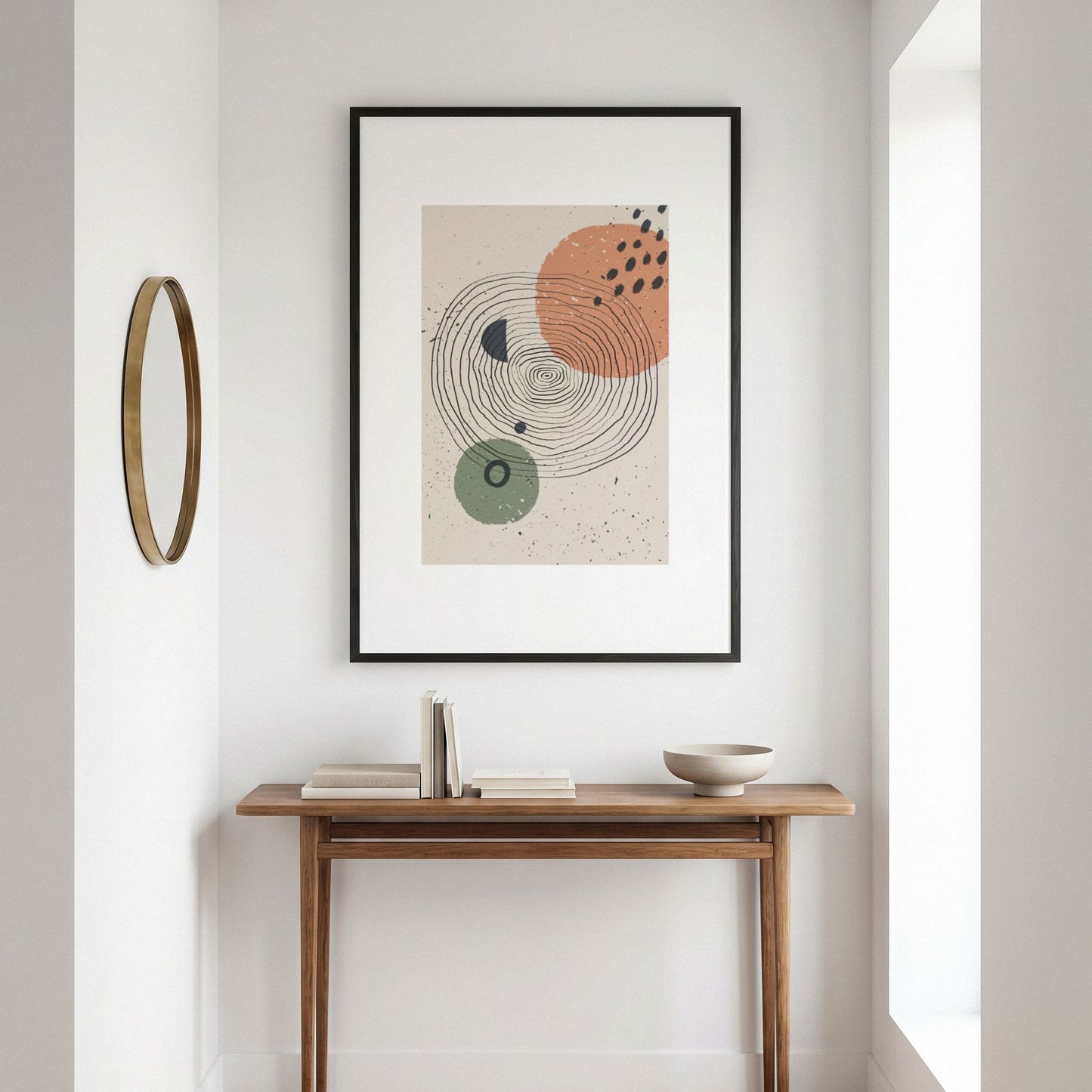 Circular Rhythm moderne abstrakt plakat i sort ramme over konsollbord i lyst skandinavisk interiør