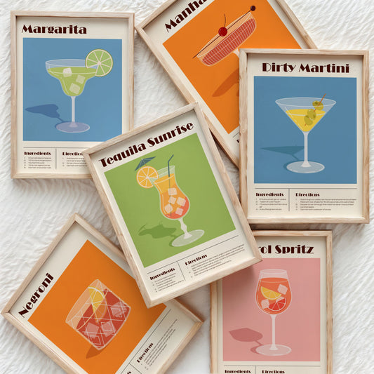Cocktail plakater med oppskrift i rammer – stilfull veggdekor til kjøkken og hjemmebar med klassiske drinker
