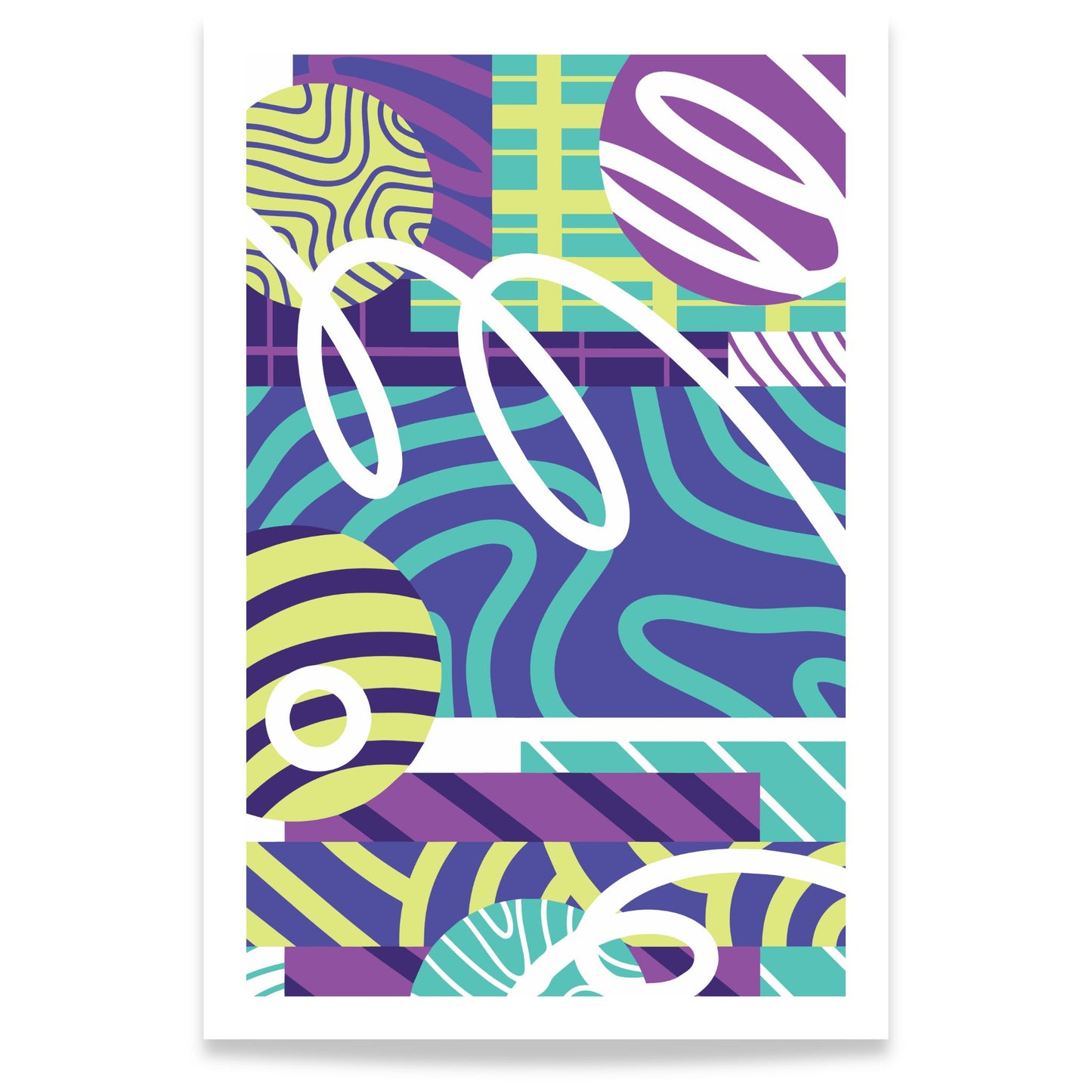 Color Rhythm abstrakt plakat med grafiske former i lilla, turkis og limegrønt 80x120