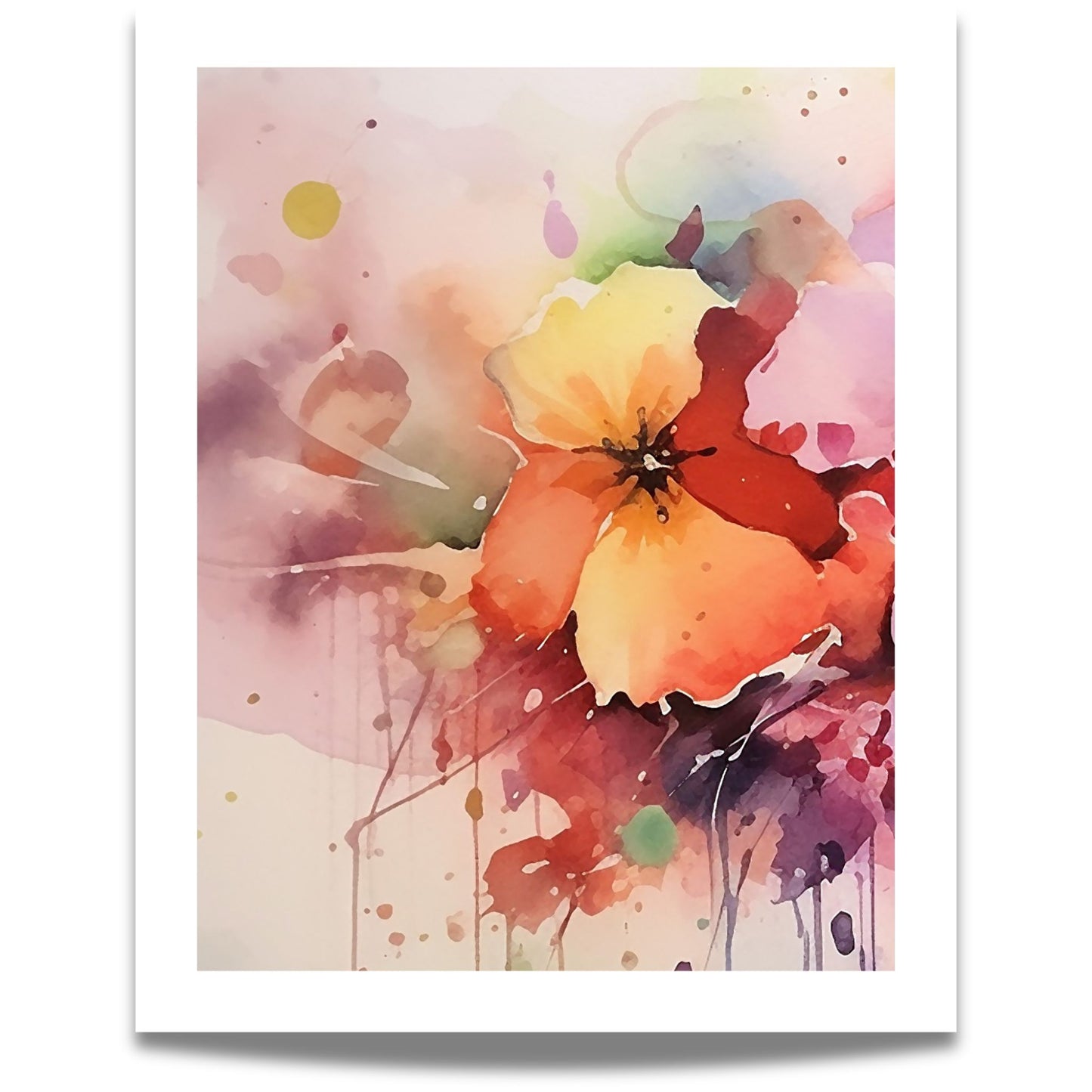 Color Splash Bloom No1 blomsterplakat i akvarellstil med rosa, korall og lilla fargetoner 40x50